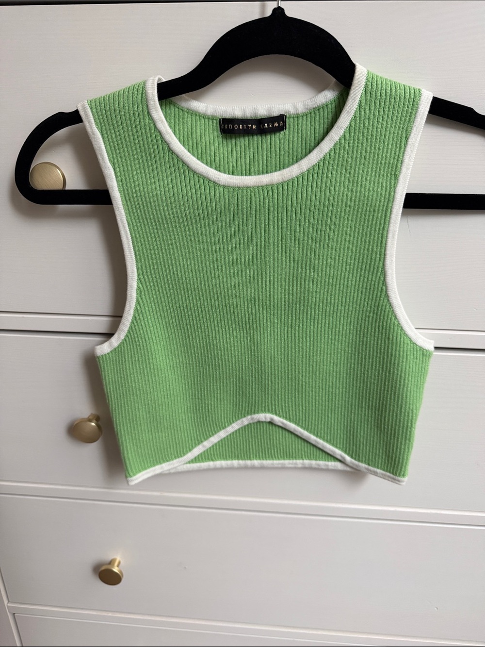 Green Ribbed Knit Crop Tank with White Trim
